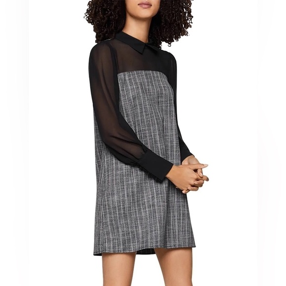 BCBGeneration Dresses & Skirts - BCBGeneration Black Sheer Longsleeve Gray Colorful Plaid Collared Classy Dress